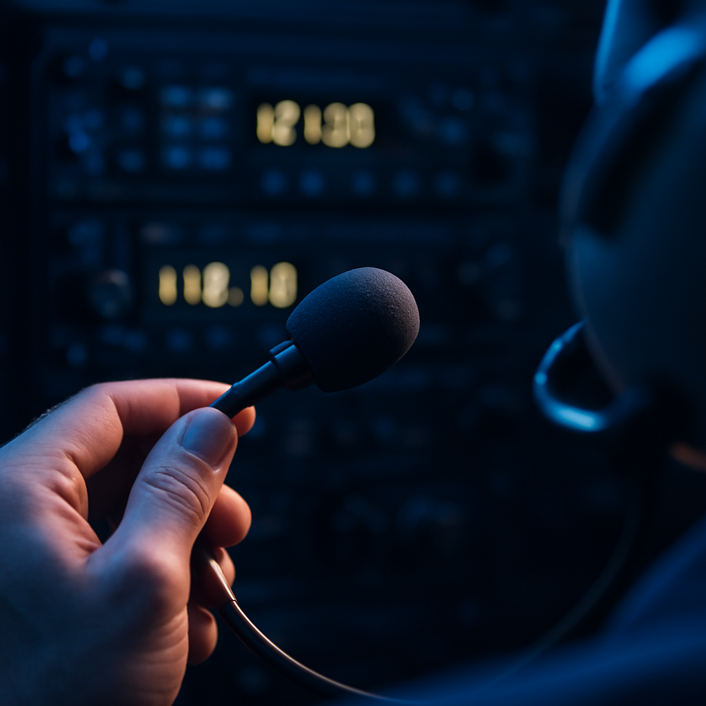 Pilote utilisant la radio aéronautique dans le cockpit