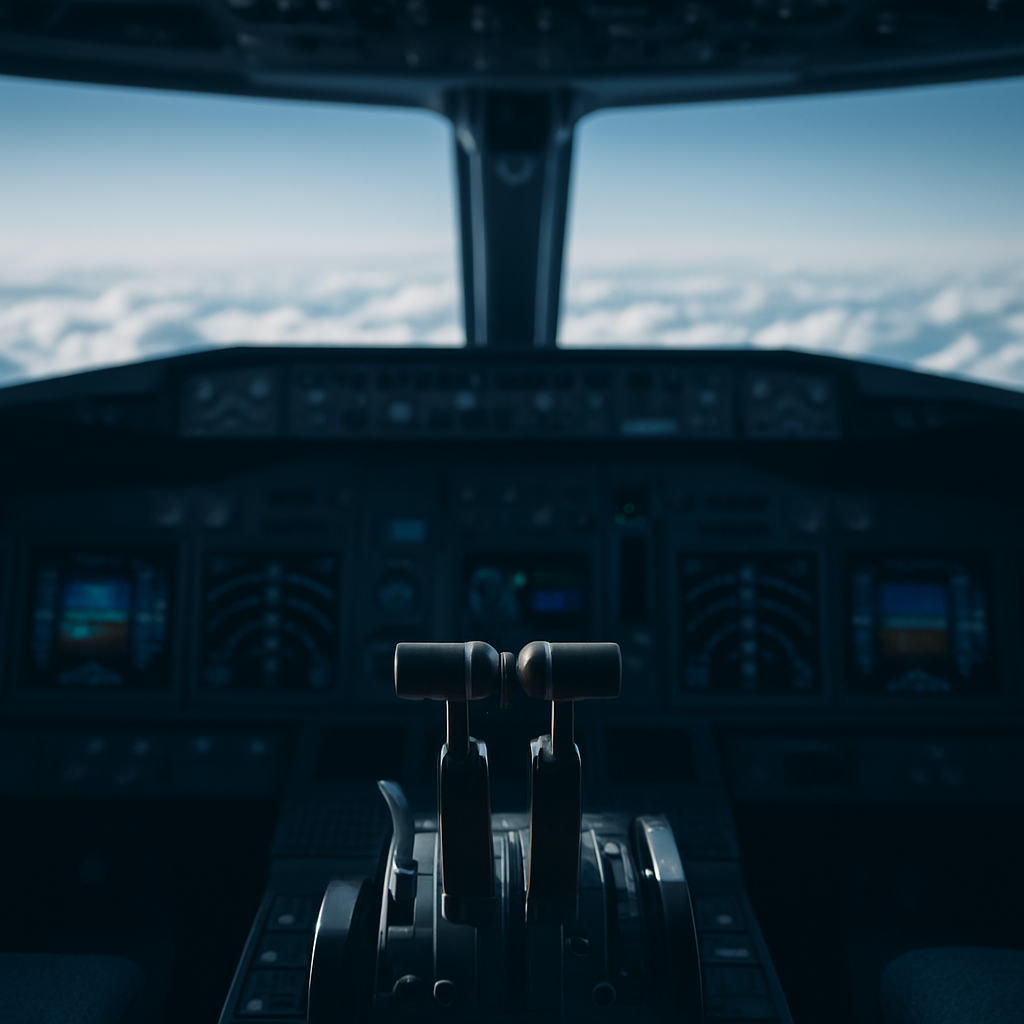 Cockpit d'avion de ligne multimoteur en croisière